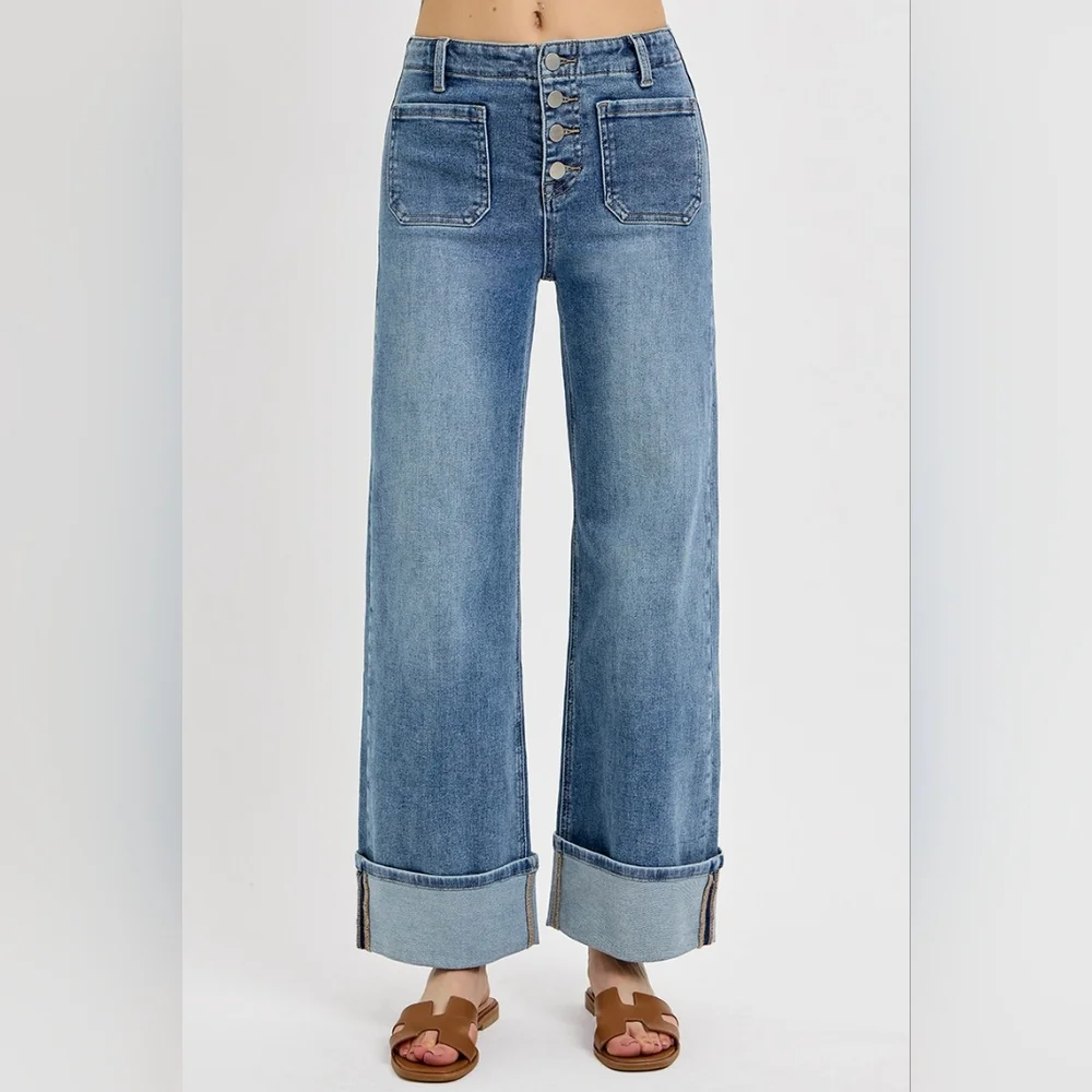 Risen HR Medium Wash Button Fly Patch Pocket Cuffed Wide Leg Jeans Various NEW - Picture 2 of 6
